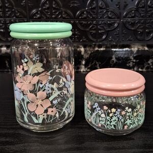 2 Pastel Floral Vintage Glass Jars, Glass Storage Cannisters, Wildflower Jars